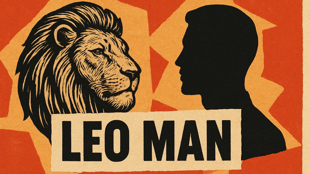 Leo man personality, retro pop-art collage of a confident man and a lion with bold text fragments