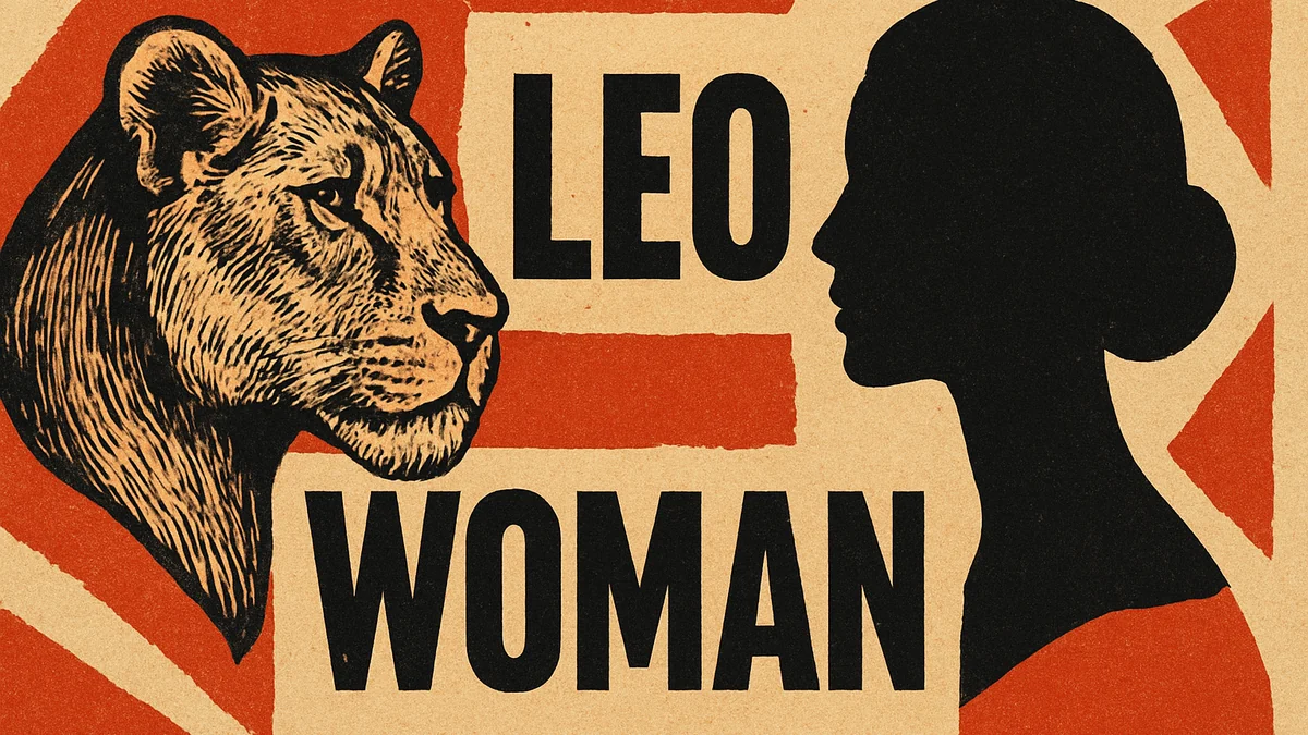 Leo woman personality, retro pop-art collage of a confident woman and a lioness with bold text fragments