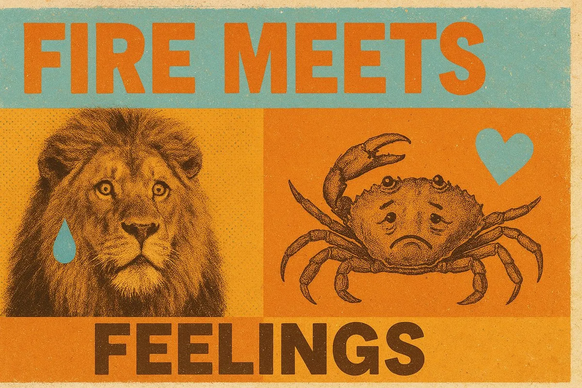 Leo and Cancer compatibility — retro pop-art collage of a lion and crab